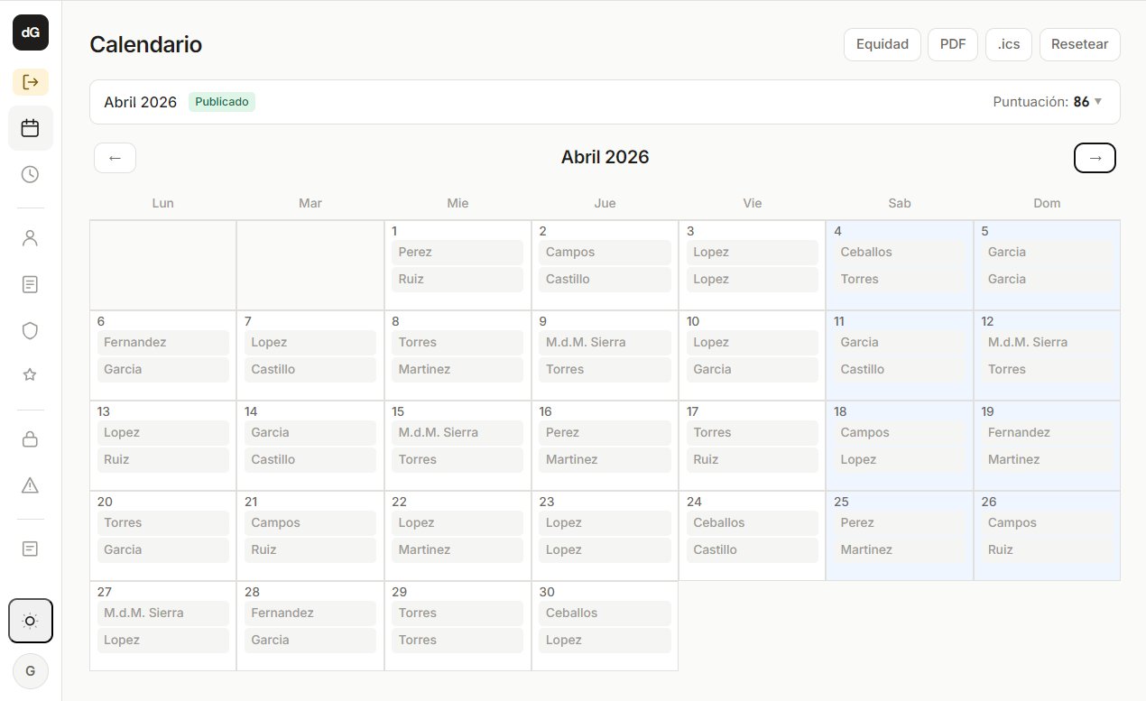 Calendario de guardias generado automáticamente con puntuación de equidad 86
