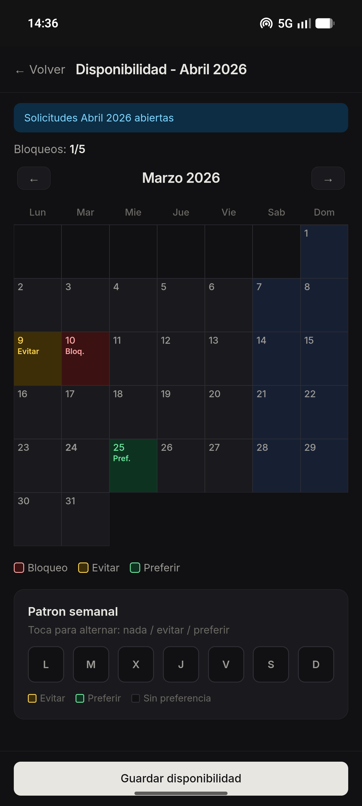 Vista móvil de disponibilidad con bloqueos y preferencias