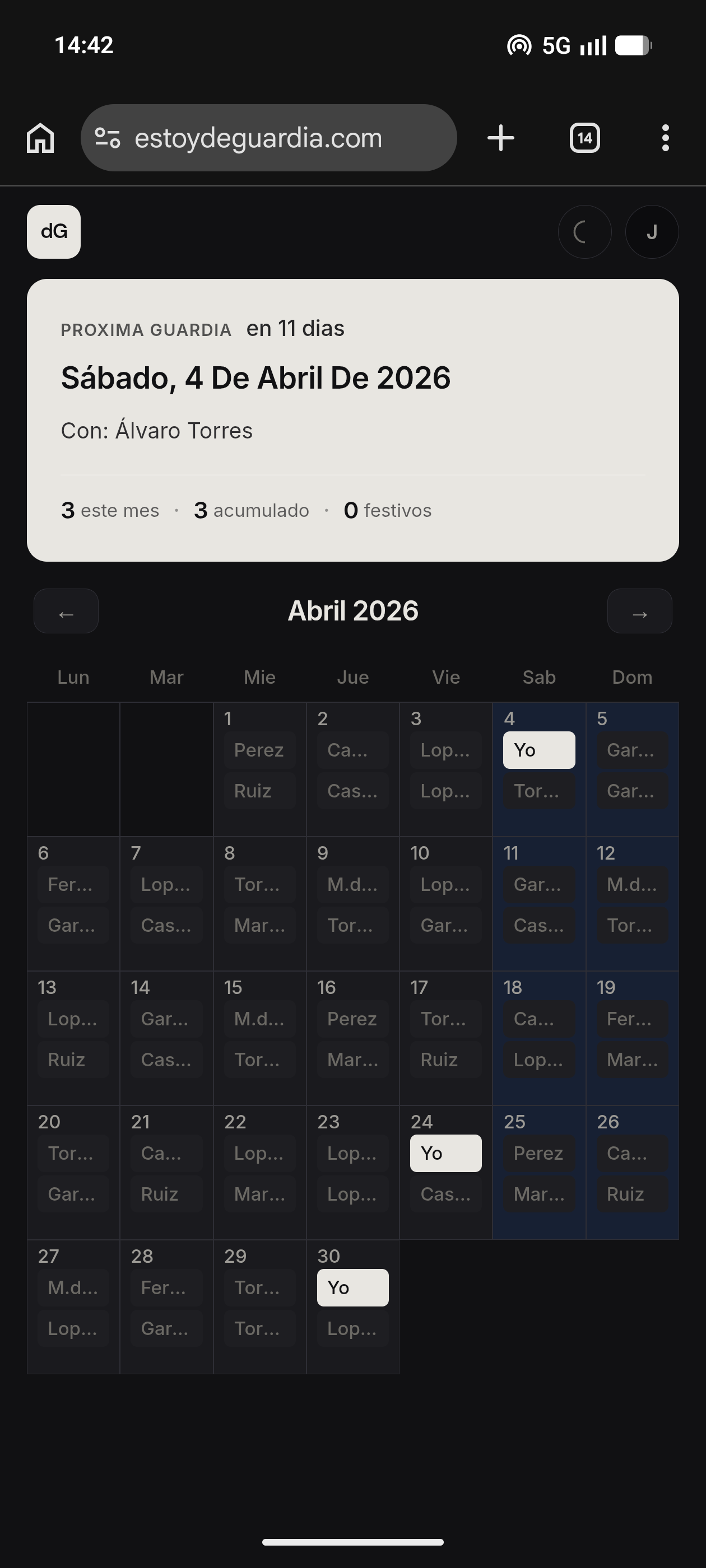 Vista móvil del profesional con próxima guardia y calendario de abril